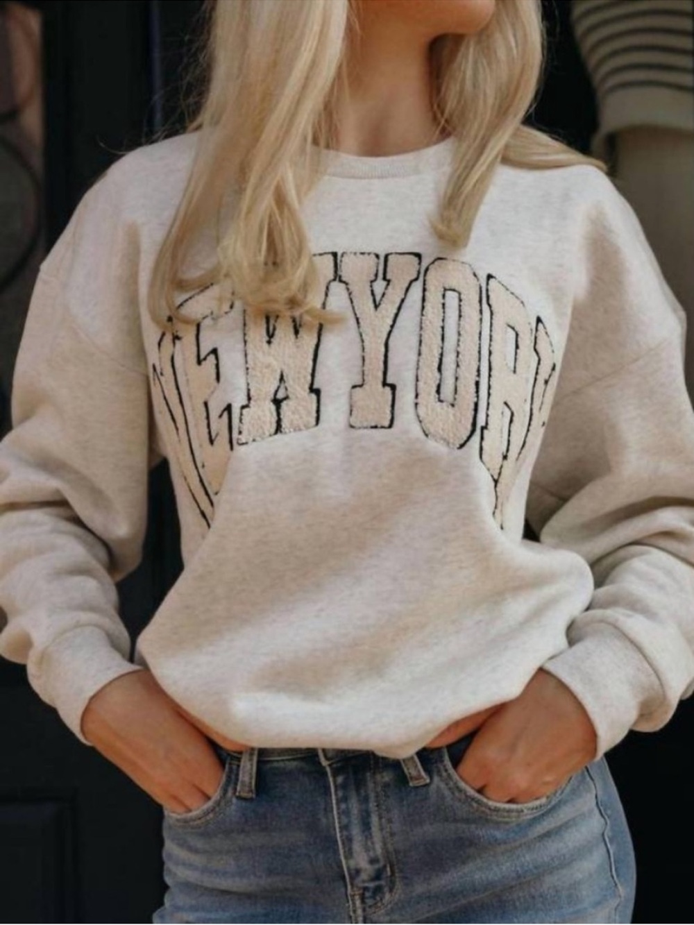 Miou Muse New York Bouclé Sweatshirt Size S Cream Oatmeal Varsity